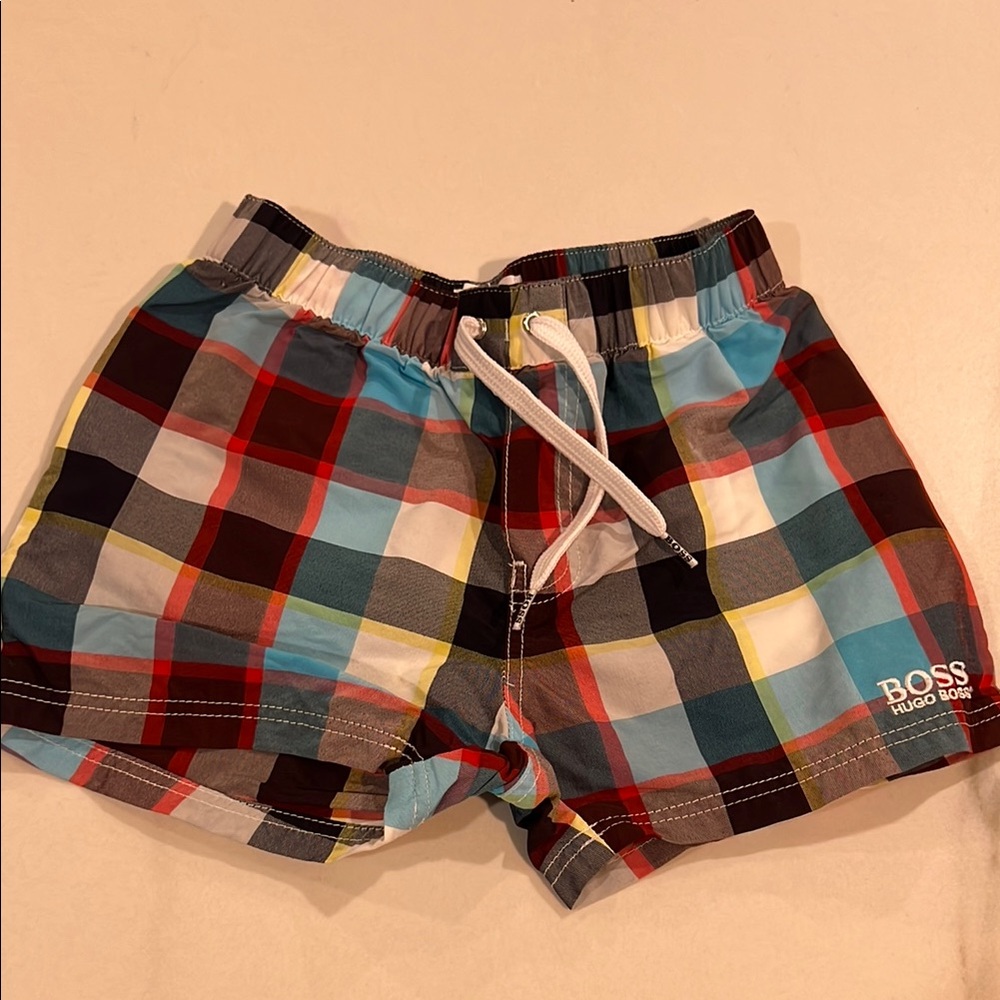 Boss Red and Blue Plaid Swim Shorts